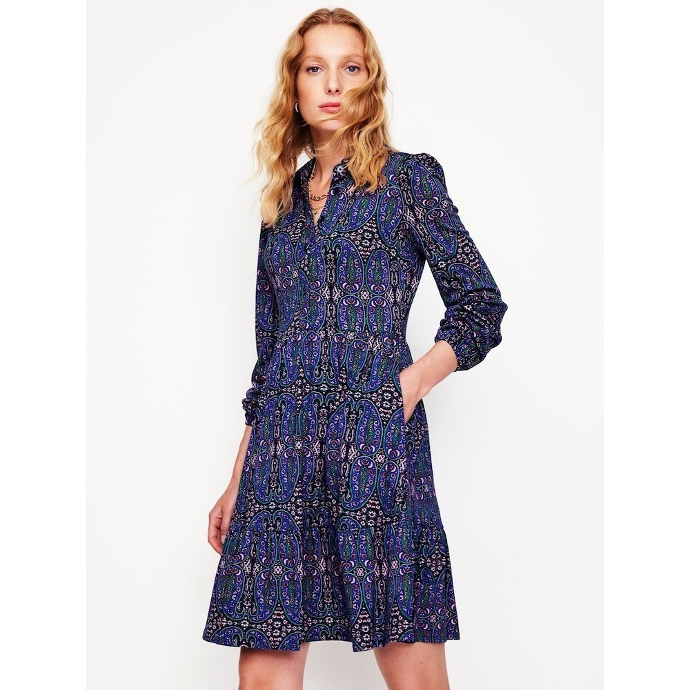 Boden Paisley Tiered Shirt Dress Blue Purple Green Boho US 10R